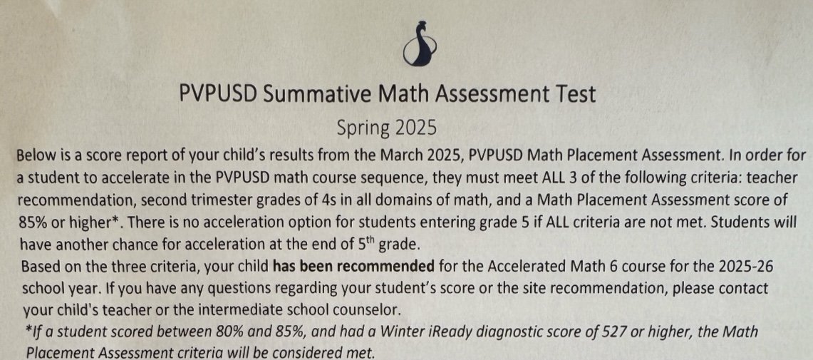 PVPUSD math placement letter