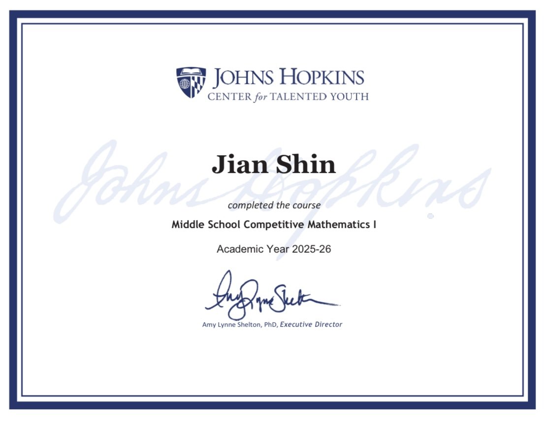 Johns Hopkins CTY course certificate
