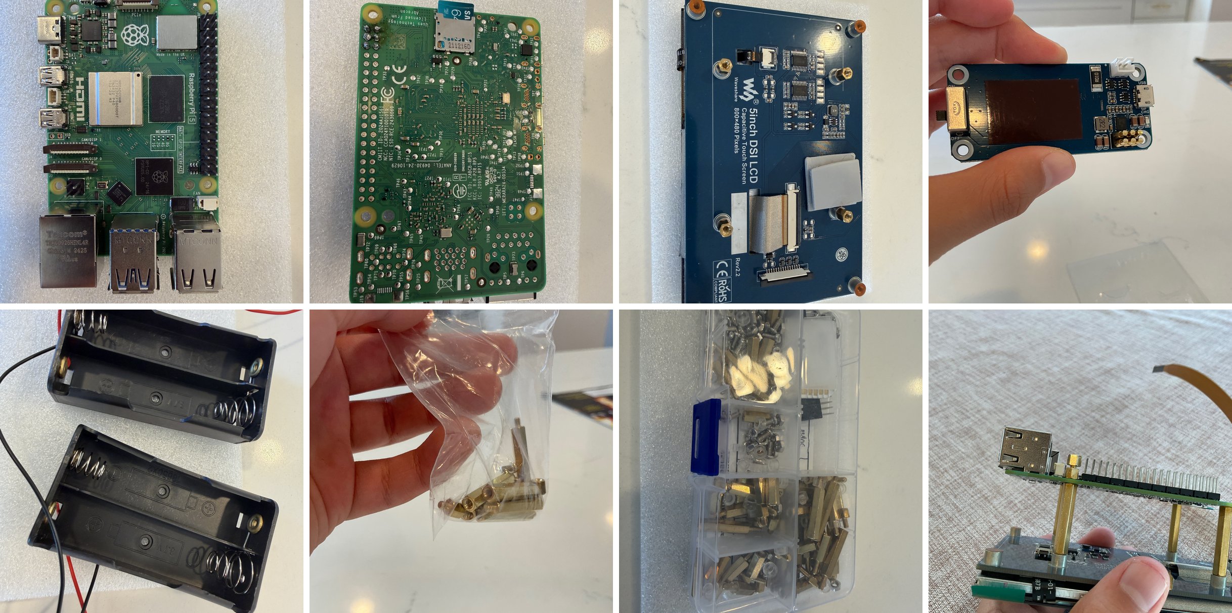 The parts I ordered: Raspberry Pi 5, cables, display, battery board, battery holders, screws and spacers, and the first assembly